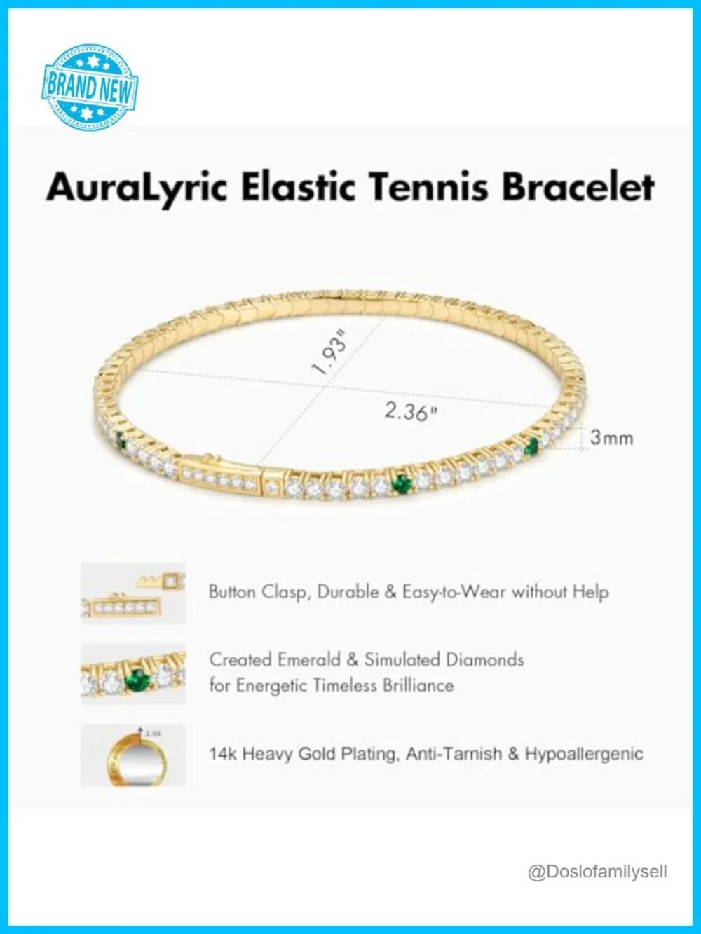 3mm Emerald Simulated Diamond Elastic Tennis Bracelet - Stackable Gold Plated